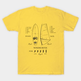 Windsurfer Equipment Gear Board, Sail and Fins Legend Vintage Black Drawing T-Shirt